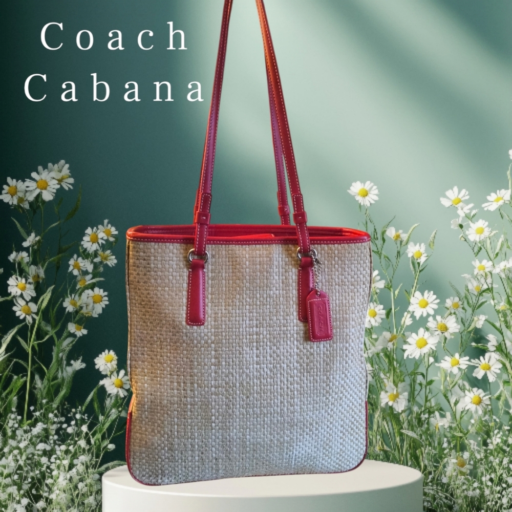 Vintage Coach Cabana Woven Straw and Red Leather Tote - Picture 1 of 13